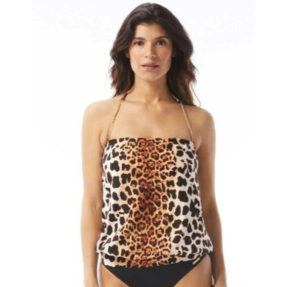 Vince Camuto Sm Tankini Top Bikini Gold Chain Halter Blouson Animal Jungle Cat